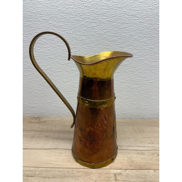 Vtg Copper And Brass Pitcher Brass Handle Aztec Calendar 1 Lit. 8.5in Tall - Picture 4 of 10